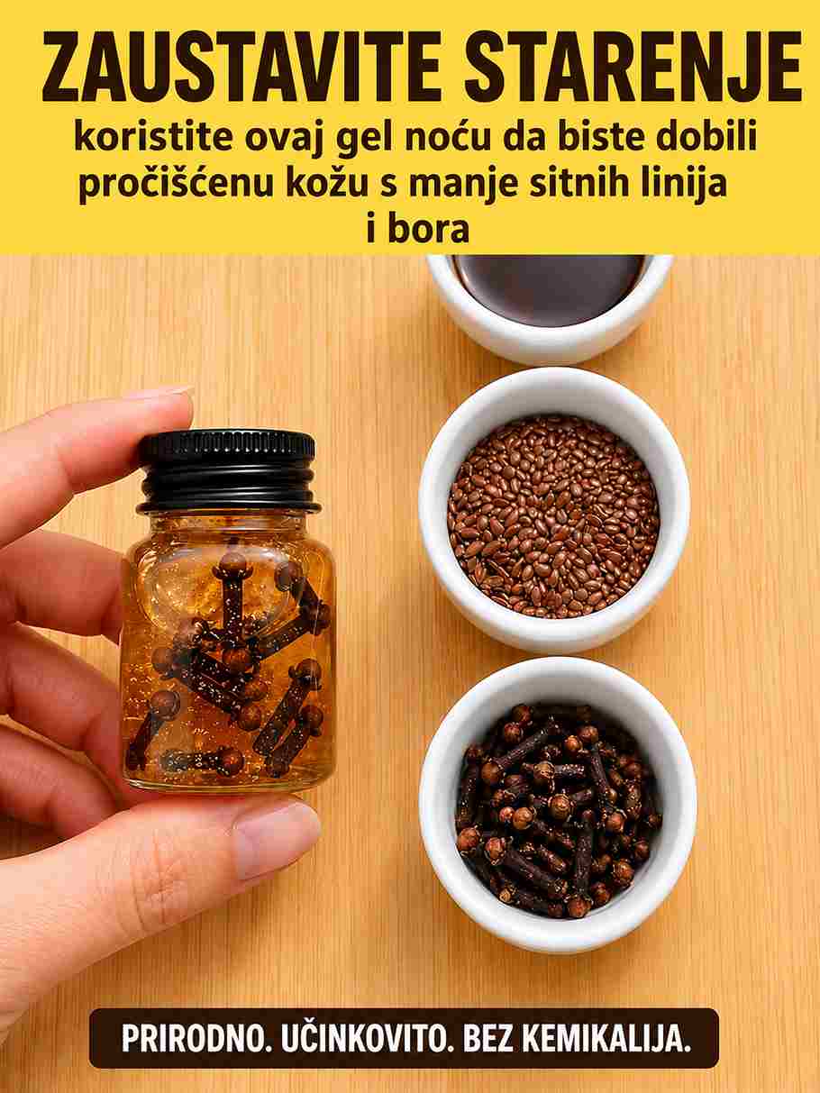 Svakodnevni stres, UV zrake i zagađenje mogu ubrzati pojavu sitnih linija i bora. Ovaj domaći gel kombinira prirodne sastojke poput karanfilića, lanenog sjemena, meda, aloe vere i vitamina E kako bi koži pružio hidrataciju, elastičnost i zdrav izgled. Iako mnogi korisnici vole ovakve prirodne recepte, rezultati mogu varirati od osobe do osobe i ne predstavljaju zamjenu za medicinski tretman. Potrebni sastojci ½ kašičice mljevenog karanfilića 2 kašike svježe pripremljenog gela od lanenog sjemena 1 kašika sirovog meda 1 kašika gela aloe vere 1 kašičica ružine vodice 5 kapi vitamina E (Po želji) ½ kašičice glicerina za vrlo suhu kožu Priprema 1. Priprema gela od lanenog sjemena Prokuhajte 1 kašiku cijelog lanenog sjemena u 120 ml vode oko 5 minuta dok se ne stvori gusti gel. Procijedite i ostavite da se ohladi. 2. Dodavanje karanfilića U ohlađeni gel umiješajte mljeveni karanfilić i lagano zagrijavajte oko 2 minute uz stalno miješanje. Zatim sklonite sa šporeta. 3. Miješanje ostalih sastojaka Dodajte med, aloe vera gel, ružinu vodicu, vitamin E i glicerin (ako koristite). Dobro promiješajte dok ne dobijete glatku smjesu. 4. Čuvanje Sipajte gel u čistu, steriliziranu staklenu teglicu. Ostavite u frižideru oko 30 minuta da se zgusne. Čuvajte u frižideru najviše 10 dana. Ako primijetite promjenu mirisa ili izgleda, nemojte ga koristiti. Način upotrebe Prije prve upotrebe napravite test osjetljivosti na malom dijelu kože i sačekajte 24 sata. Navečer, nakon čišćenja lica, nanesite tanak sloj na lice i vrat te nježno umasirajte. Ostavite da djeluje preko noći, a ujutro isperite mlakom vodom. Preporučena učestalost Normalna ili mješovita koža: 3–4 puta sedmično. Suha ili zrela koža: Svaku drugu večer. Tokom dana uvijek koristite kremu sa zaštitnim faktorom (SPF), posebno ako primijetite da vam je koža osjetljivija. Moguće prednosti Pomaže održavanju hidratacije kože. Doprinosi mekšem i glatkijem osjećaju kože. Sadrži antioksidanse iz meda, karanfilića i vitamina E koji pomažu u zaštiti kože od slobodnih radikala. Aloe vera i ružina vodica mogu pomoći u umirivanju kože. Laneni gel stvara zaštitni sloj koji pomaže zadržavanju vlage.