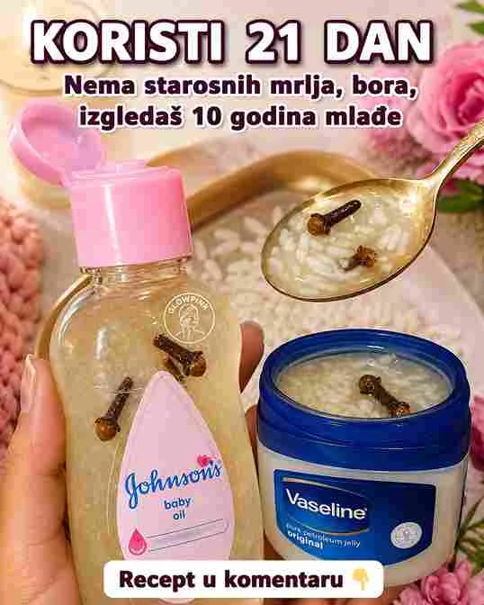2 kašičice mlevenog karanfilića (antioksidans) 3 kašike bebi ulja (zaključava vlagu) 1 kašika pirinčanog praha (pomešanog sa 1 kašikom vode) Dodaci: gel aloe vere, vitamin E, med, bademovo ulje, ružina vodica i prstohvat kurkume. Postupak: Infuzija: Zagrejte bebi ulje na niskoj temperaturi (oko 50 °C) sa karanfilićem 20 minuta, a zatim procedite. Emulzija: Polako sipajte infuzirano ulje u pastu od pirinča, neprestano mešajući dok smesa ne postane gusta i kremasta (poput pudinga). Završnica: Kada se smesa ohladi ispod 40 °C, umešajte ostale sastojke (aloe veru, med, vitamin E, bademovo ulje, ružinu vodicu i kurkumu) dok smesa ne postane homogena. Čuvanje: Spremite kremu u sterilnu staklenu teglu i držite je u frižideru do dva meseca. Prednosti i upotreba Ova krema deluje kao antioksidativni koktel. Karanfilić i kurkuma štite kolagen od razgradnje, pirinač sadrži peptide koji posvetljuju ten, dok bebi ulje i med “zaključavaju” vlagu, pružajući koži hidrataciju i onaj popularni “glass skin” efekat. Uputstvo za primenu Patch test: Pre prve upotrebe, nanesite malu količinu na unutrašnjost lakta i sačekajte 24 sata. Primena: Kremu nanosite svake večeri na očišćeno lice i vrat, blagim masažnim pokretima nagore. Izbegavajte područje oko očiju. Doslednost: Budite strpljivi; za vidljive rezultate u vidu smanjenja bora i poboljšane teksture kože, koristite je redovno tokom četiri nedelje. Ova prirodna formula predstavlja pristupačan, a izuzetno efektan način da osvežite svoj ten i ojačate barijeru kože.